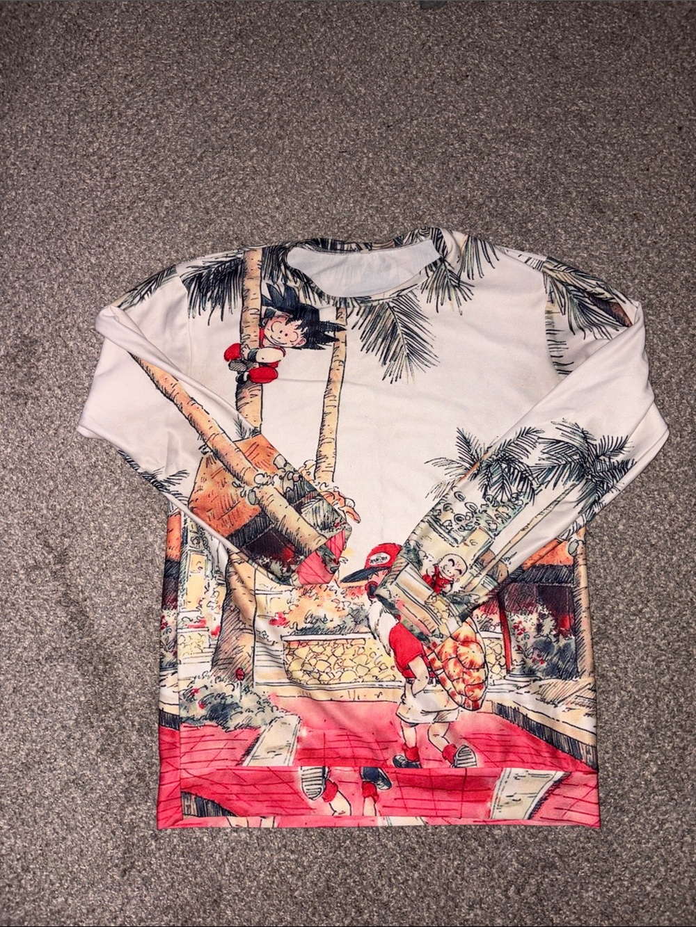 Source Unknown White Long-Sleeve Shirt with Red & Tan Tropical Cartoon Print